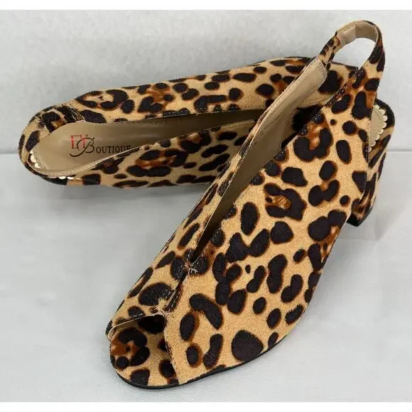 EY Boutique NWOT Leapard Print Open Toe Sling Back Chunky Heels T4708 7M - Picture 1 of 8